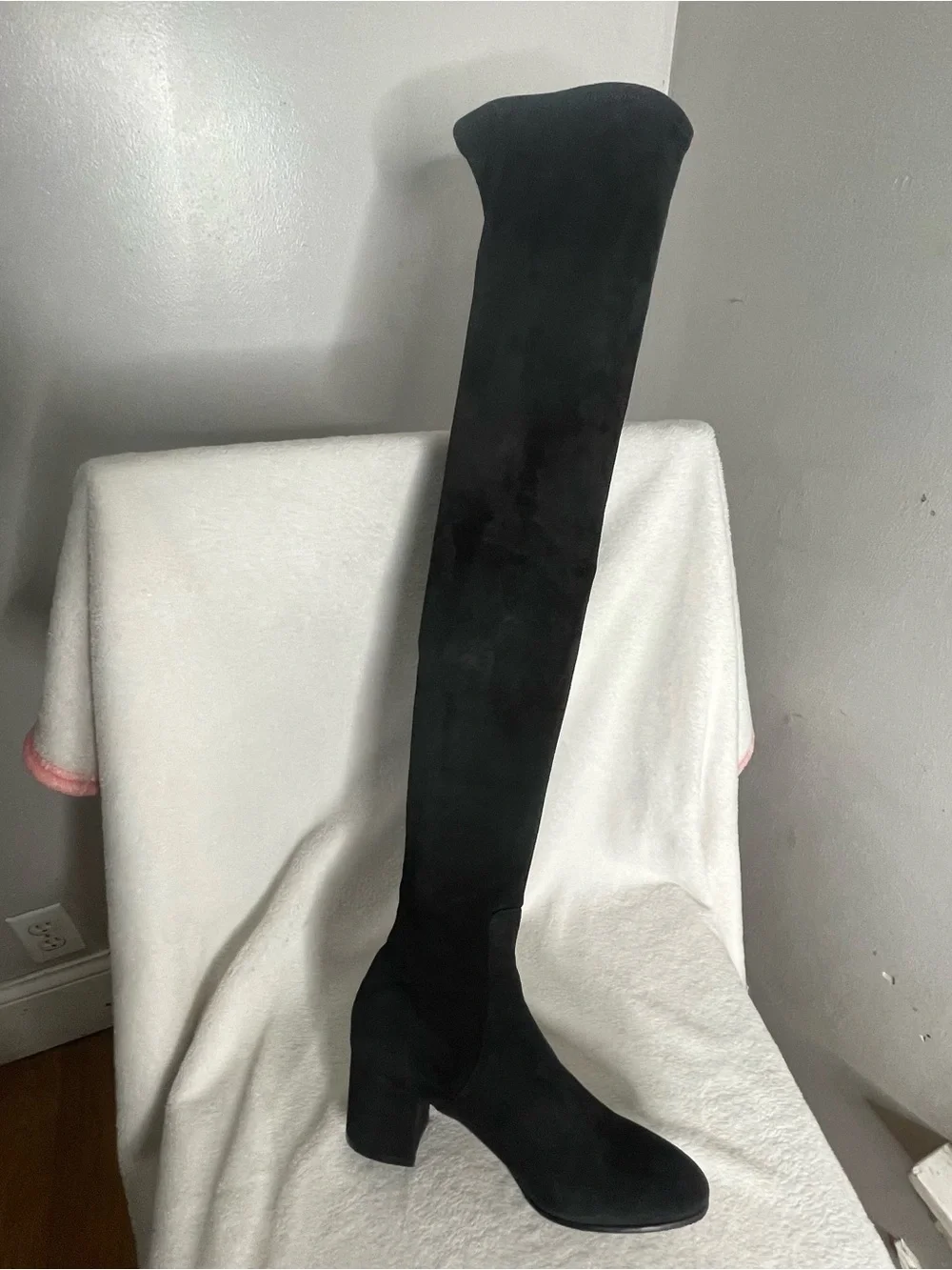 VALENTINO GARAVANI Black Suede Over The Knee Block Heel Boots Women Size 38.5
